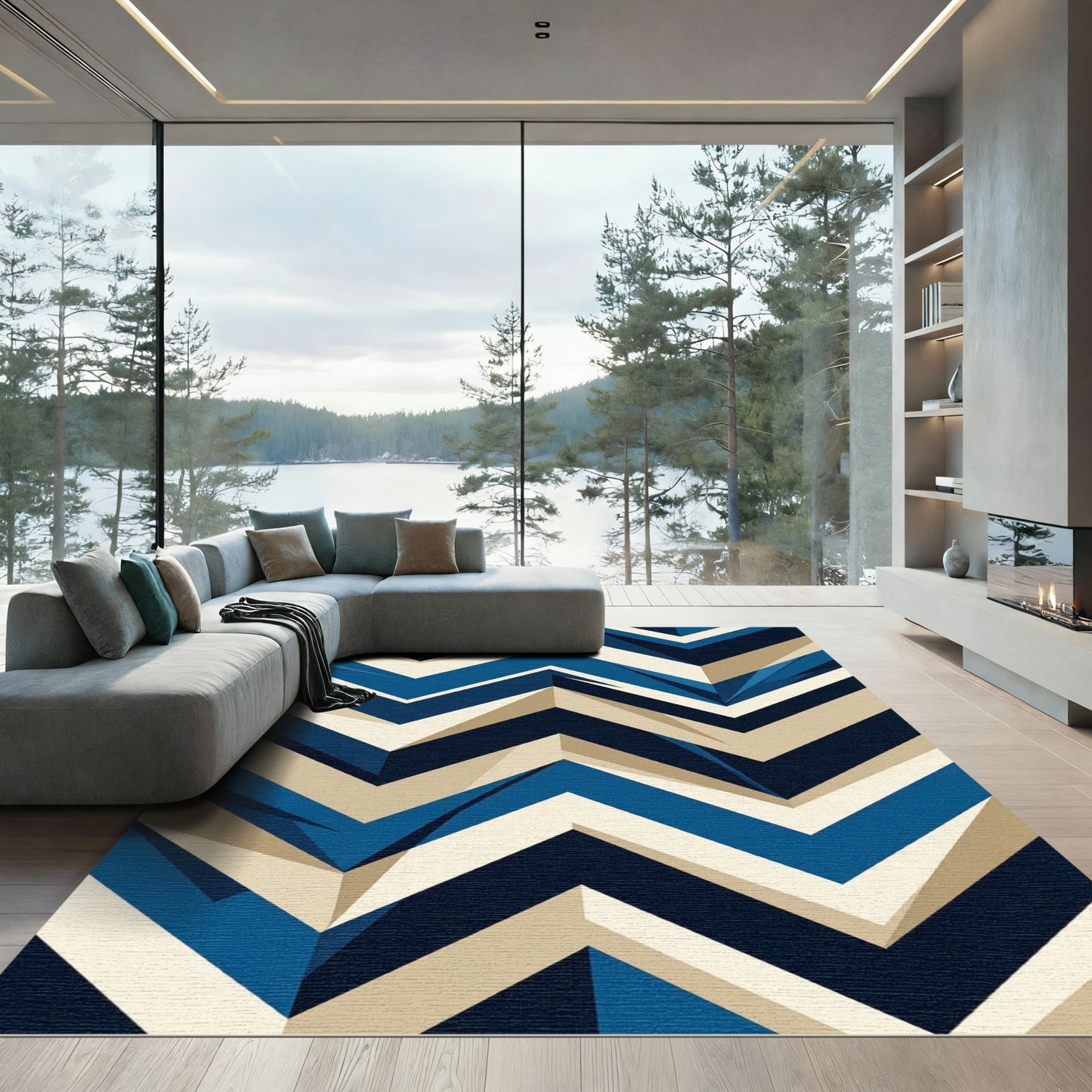 Modern Navy Chevron Geometric Area Rug