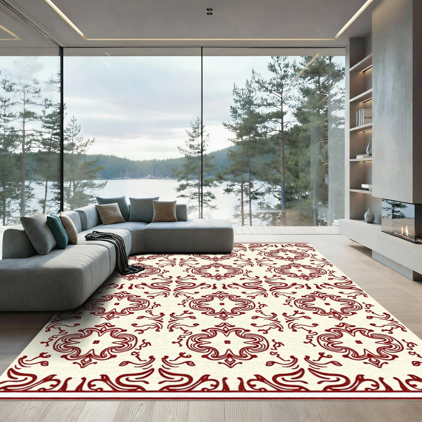 Crimson Floral Medallion Cream Rug