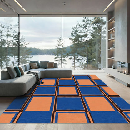 Bold Blue Coral Checkered Squares Rug