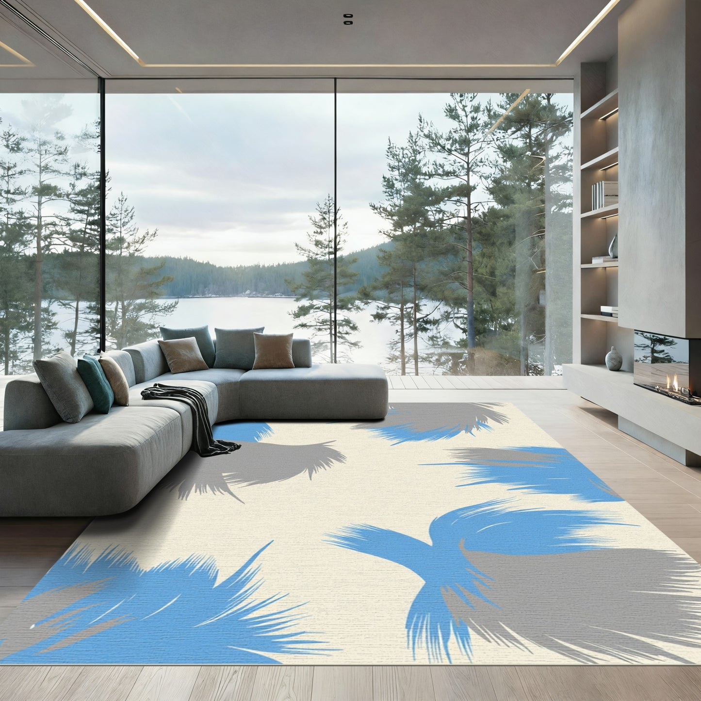Blue Gray Feather Abstract Arrangement Rug