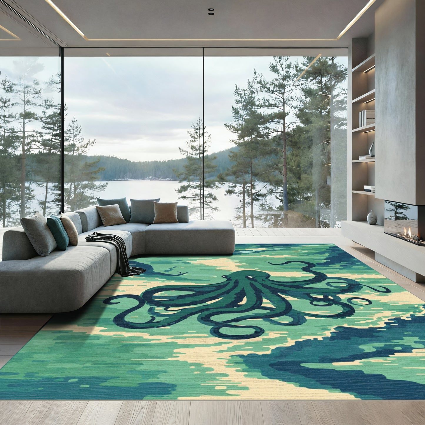 Deep Teal Octopus Ocean Waves Rug