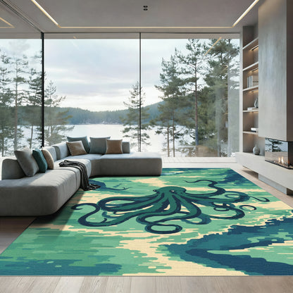 Deep Teal Octopus Ocean Waves Rug