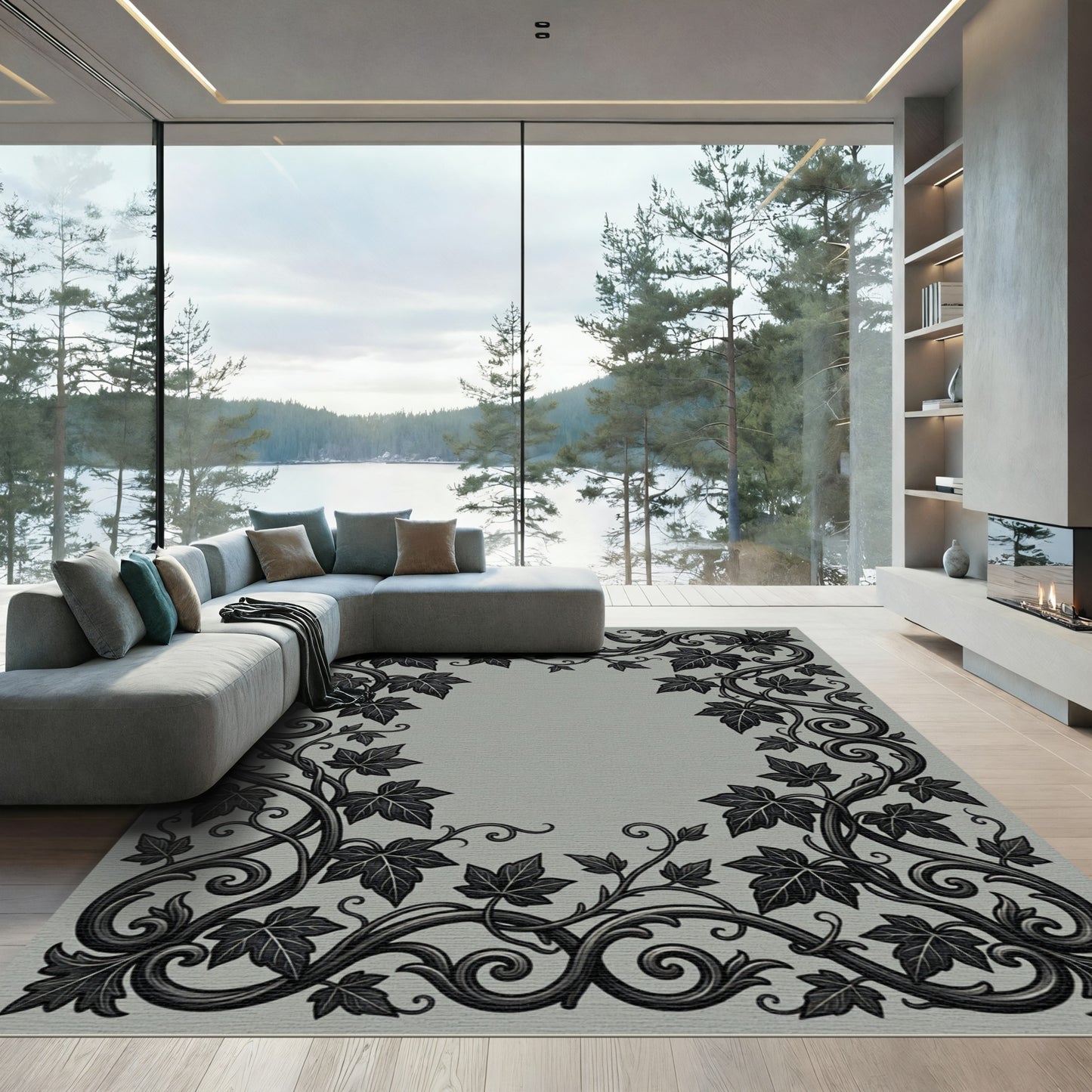 Ornate Black Leaf Scroll Frame Rug