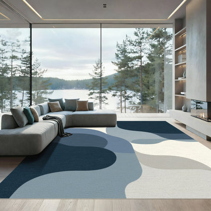 Deep Blue Abstract Wavy Curves Rug