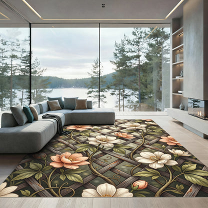 Botanical Lattice Blossom Peach White Rug