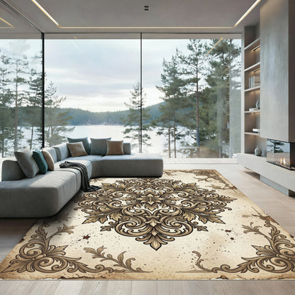 Ornate Antique Gold Damask Medallion Rug