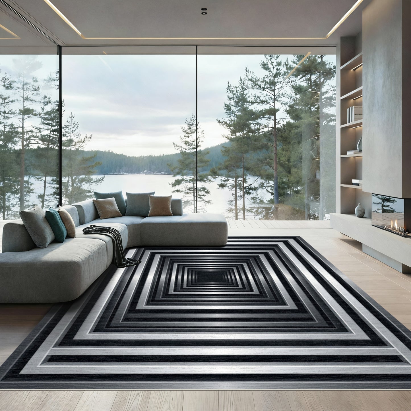 Modern Monochromatic Metallic Geometric Tunnel Rug