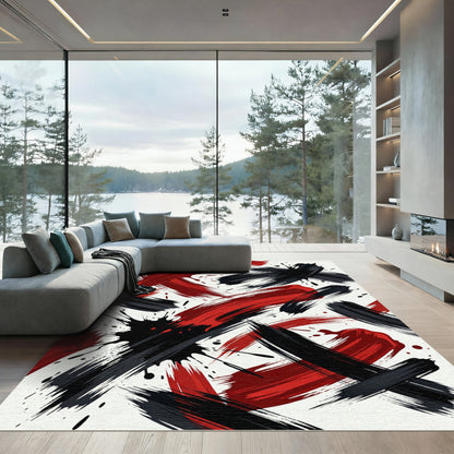 Abstract Crimson and Ink Stroke Rug