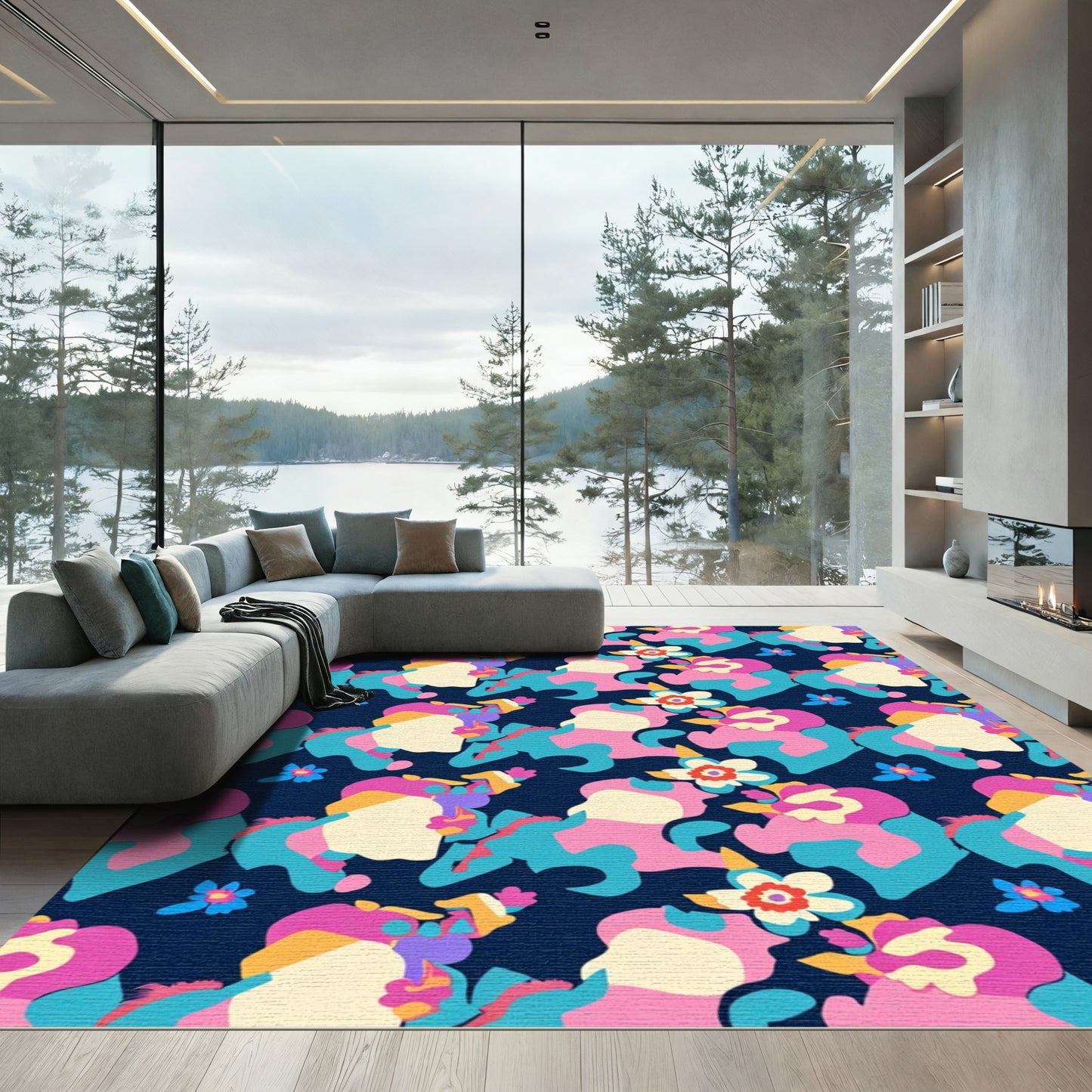 Vibrant Pink Blue Floral Composition Rug