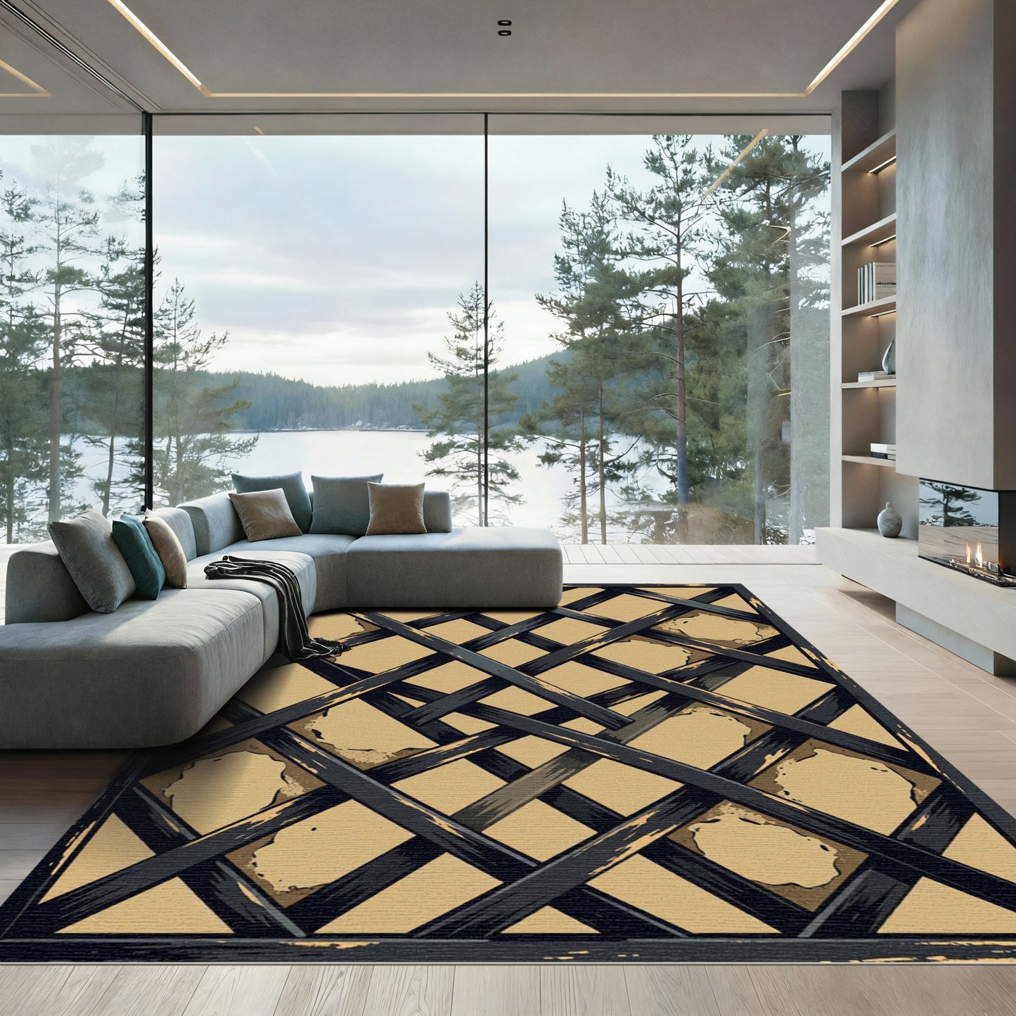 Charcoal and Tan Geometric Lattice Rug
