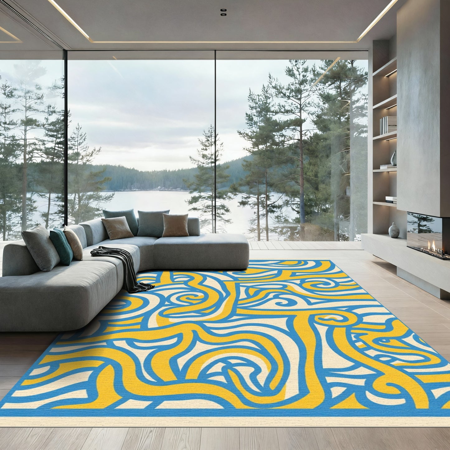 Bold Blue Yellow Abstract Swirl Rug