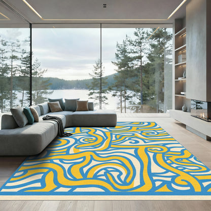 Bold Blue Yellow Abstract Swirl Rug