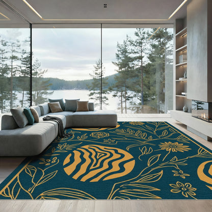 Teal And Gold Abstract Floral Nature Rug