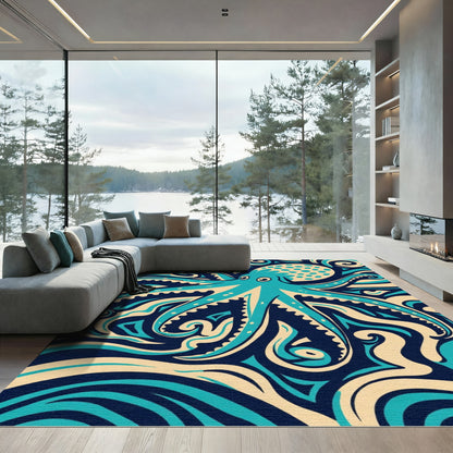 Teal Octopus Swirl Abstract Rug