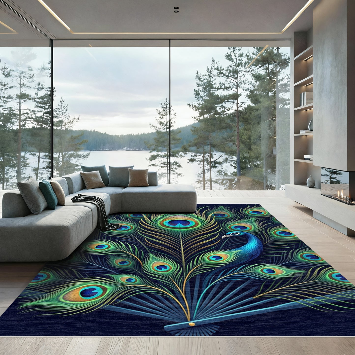 Vibrant Peacock Feather Fan Ensemble Rug