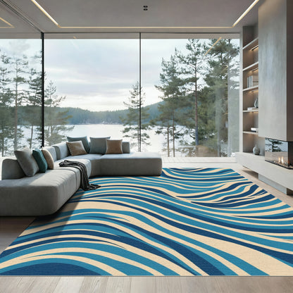 Deep Blue Beige Flowing Waves Rug
