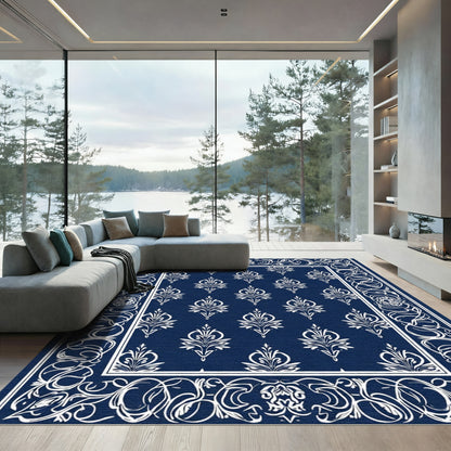 Deep Blue White Ornate Damask Rug