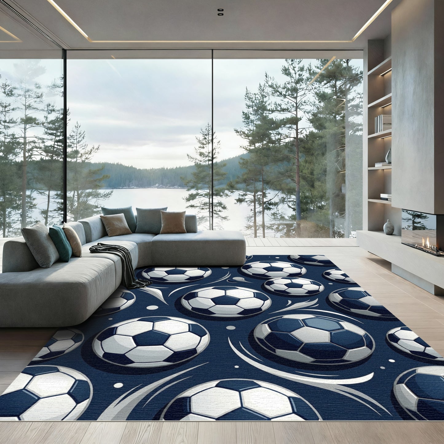 Dynamic Soccer Ball Navy Graphic Rug