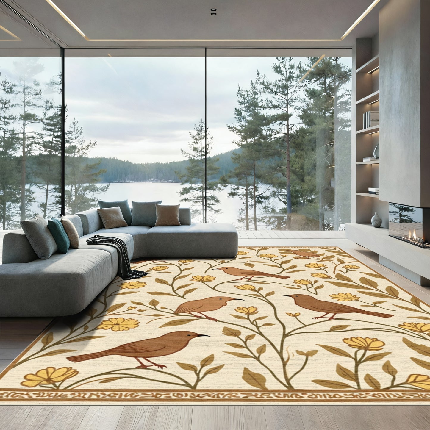 Brown Birds Yellow Floral Branches Rug