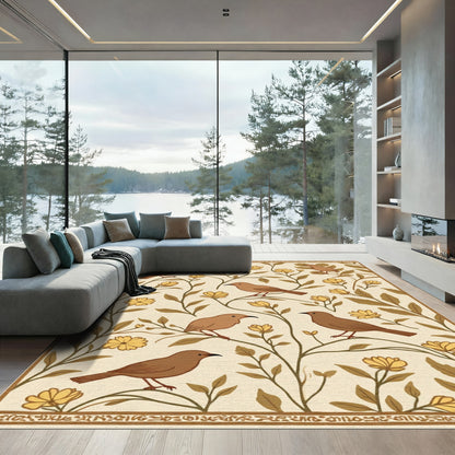Brown Birds Yellow Floral Branches Rug