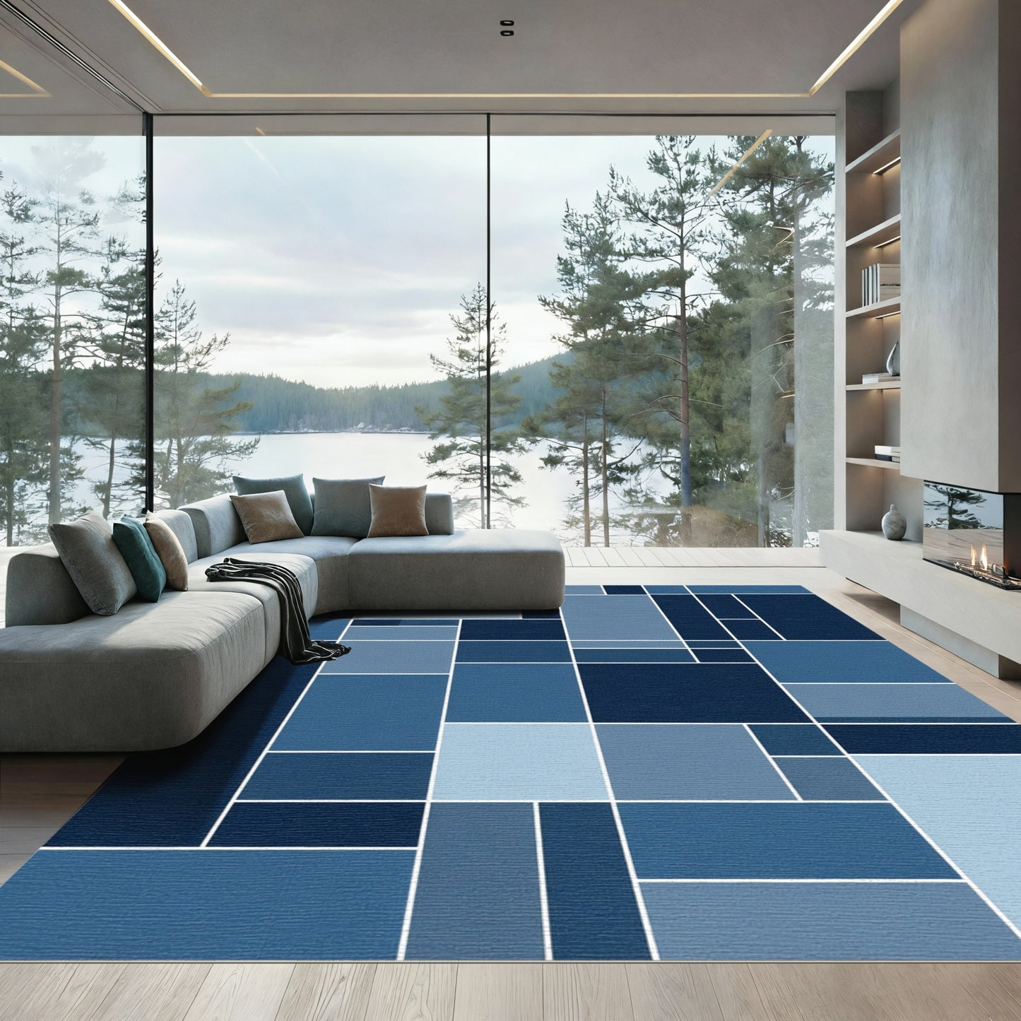 Deep Blue Geometric Block Abstraction Rug
