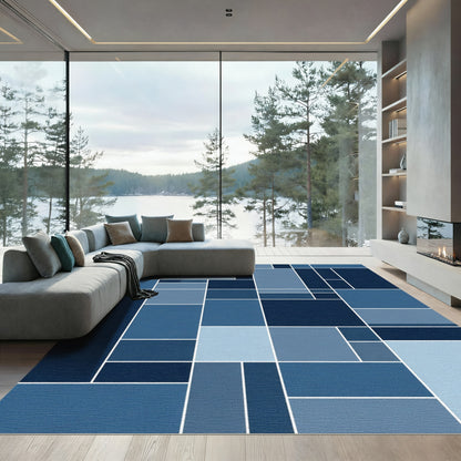 Deep Blue Geometric Block Abstraction Rug