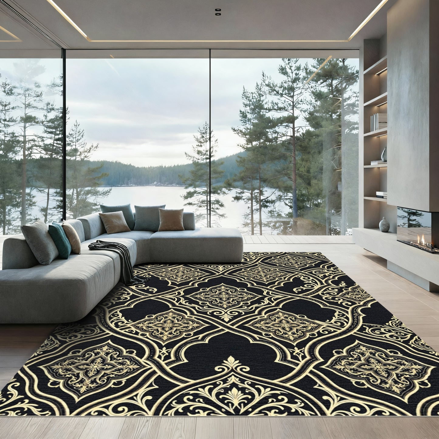 Elegant Black and Gold Lattice Scroll Rug