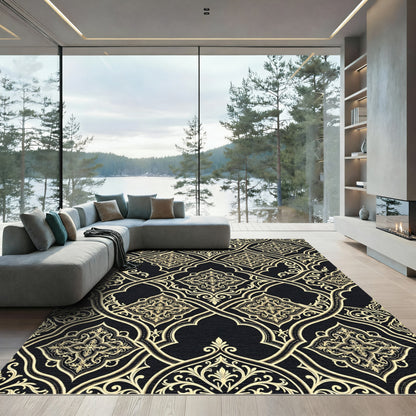 Elegant Black and Gold Lattice Scroll Rug
