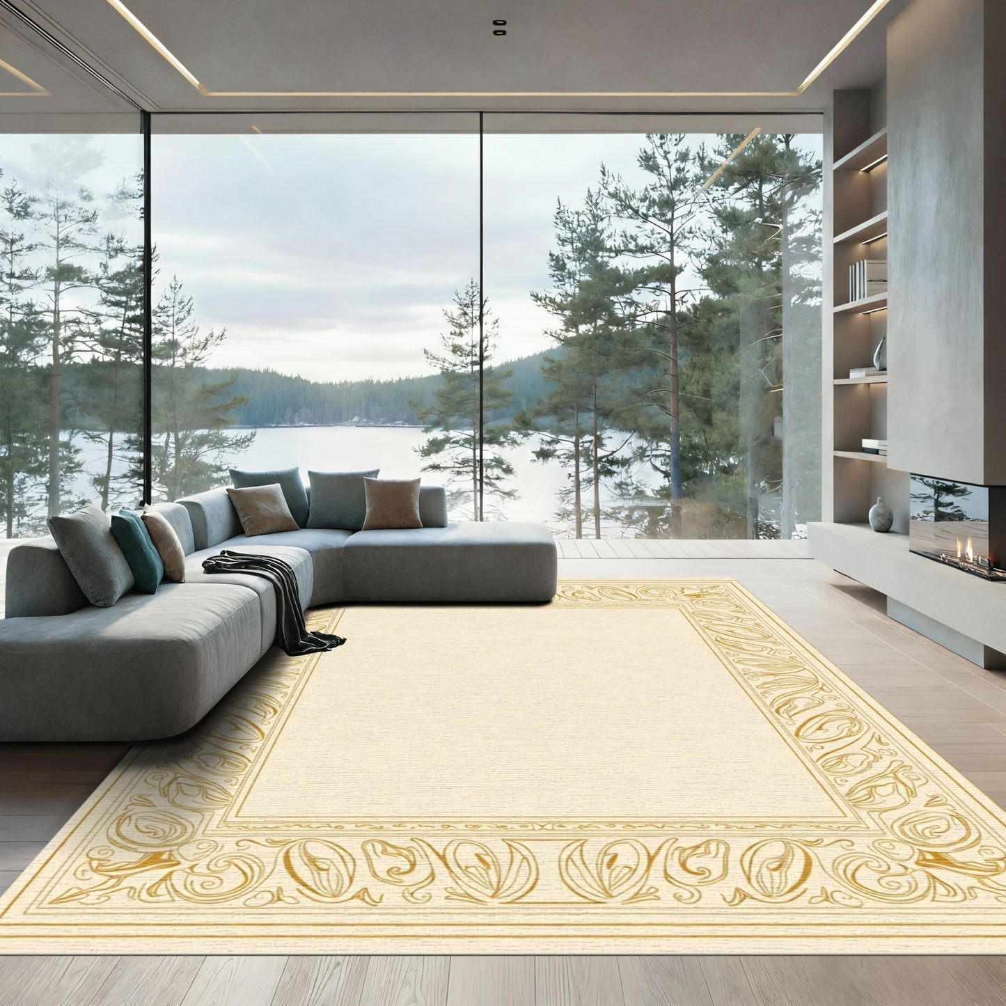 Golden Scroll Leaf Border Rug