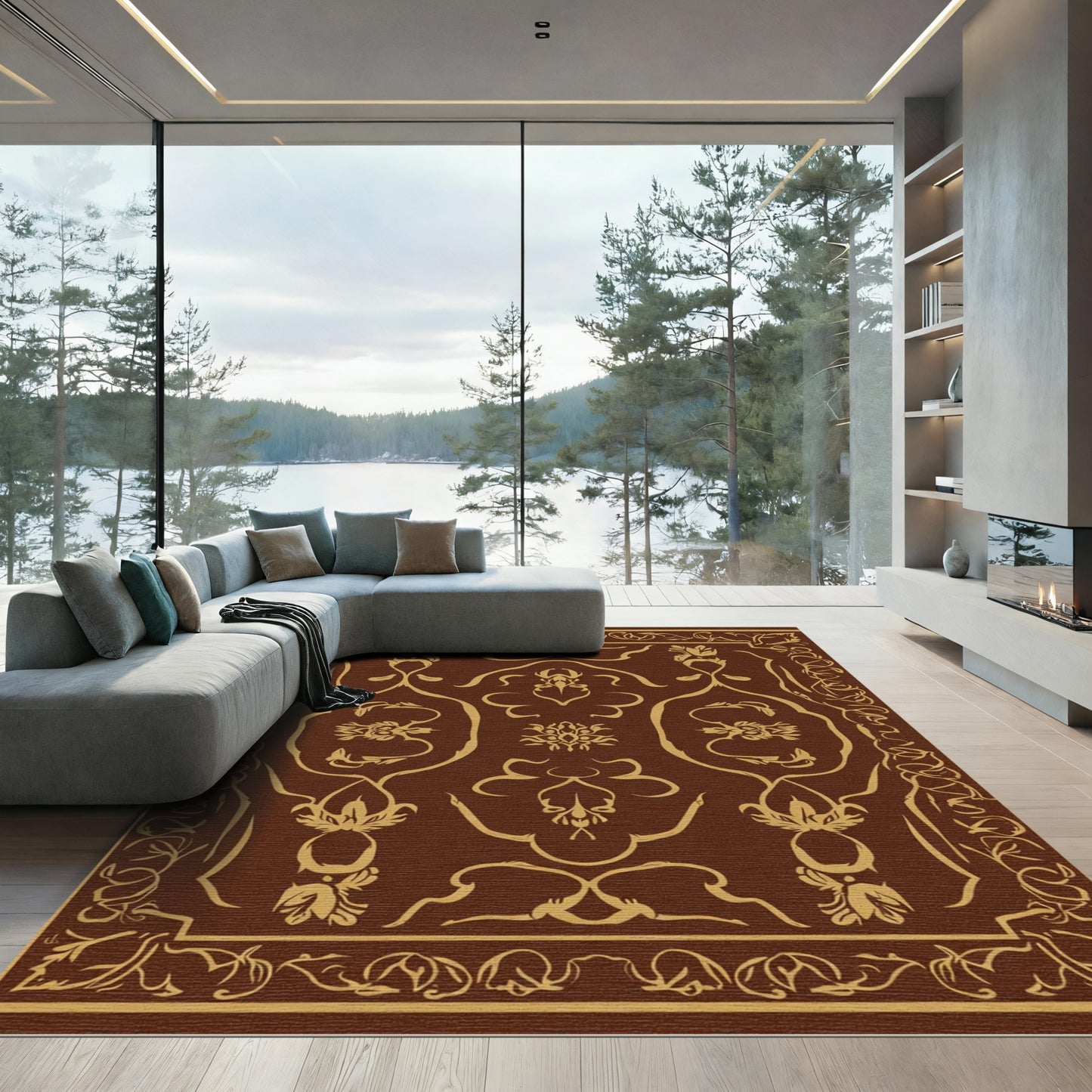 Rich Brown Golden Floral Scroll Rug