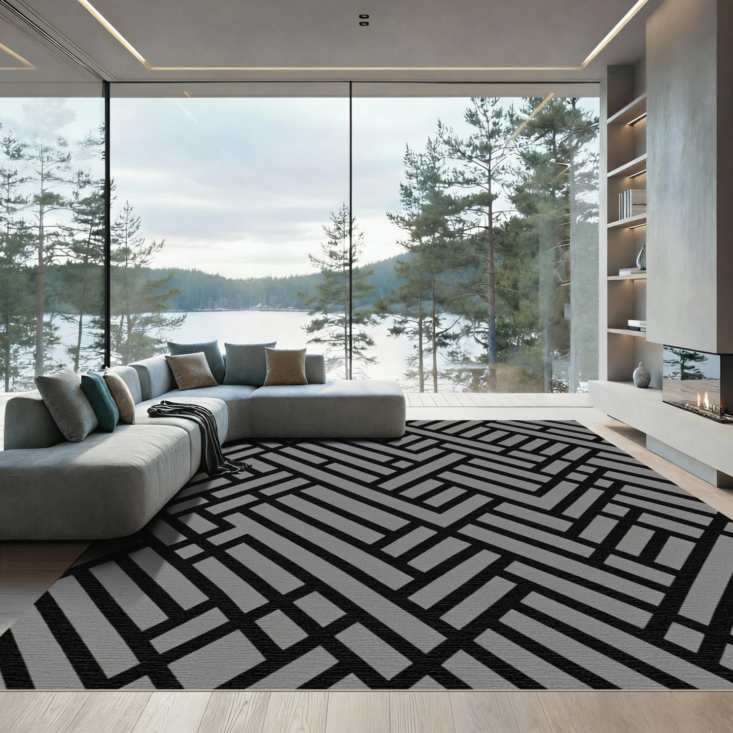 Modern Gray Interlocking Lines Rug