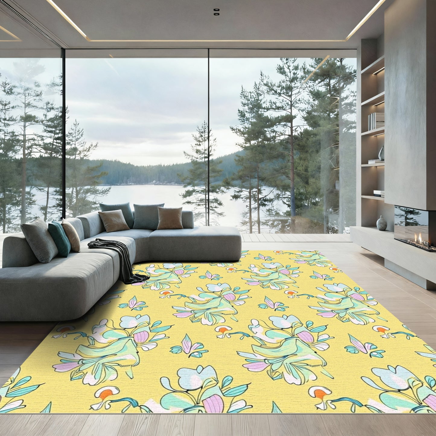Pastel Yellow Abstract Floral Cluster Rug