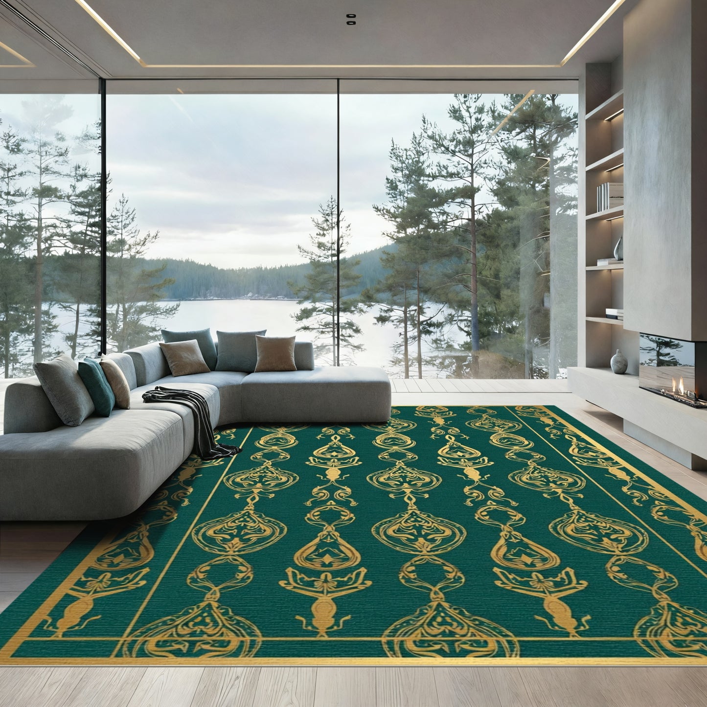 Emerald Gold Ornate Damask Rug