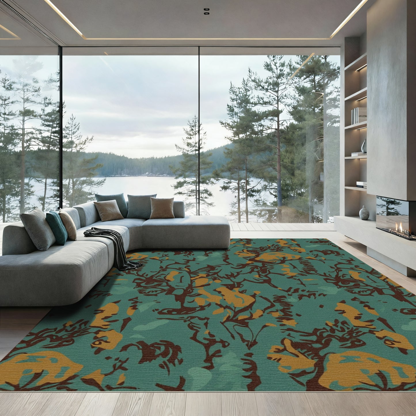 Teal and Gold Abstract Tangle Rug