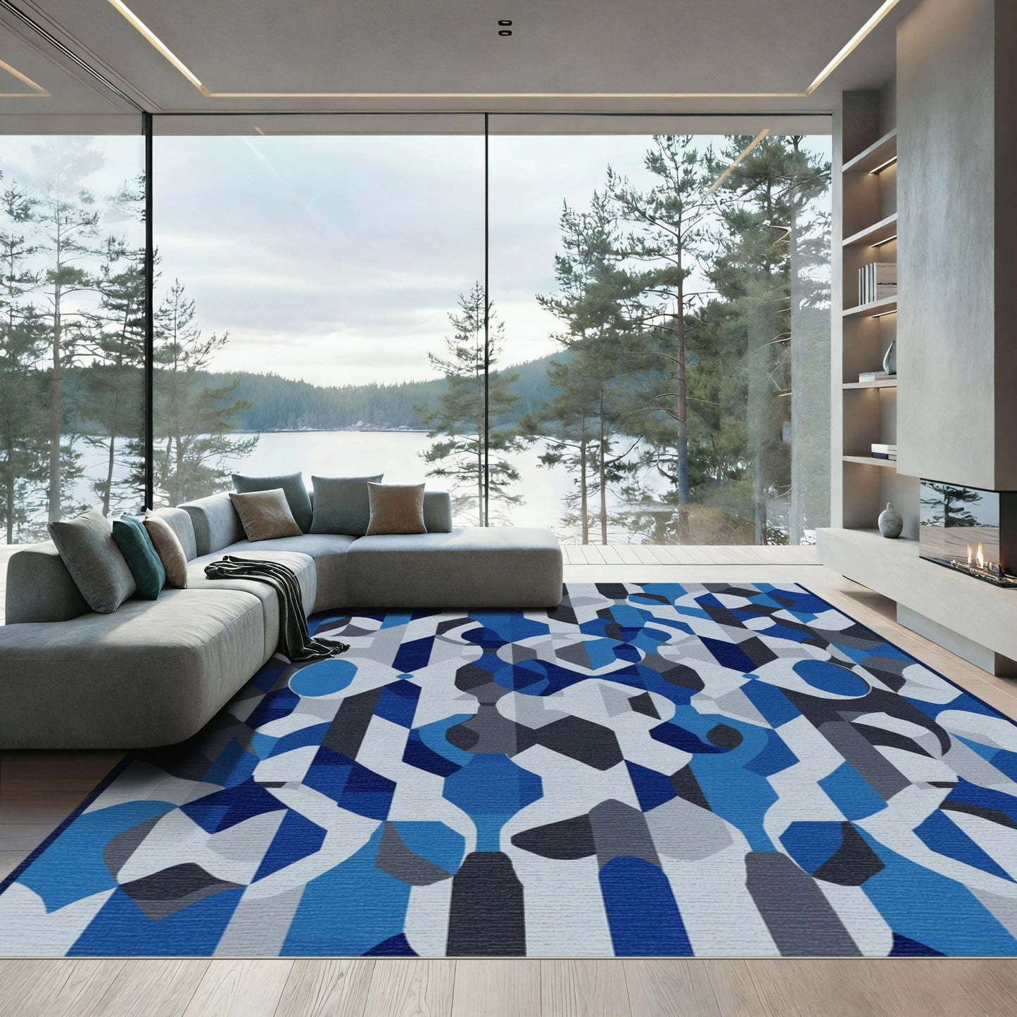 Modern Blue Geometric Abstract Rug