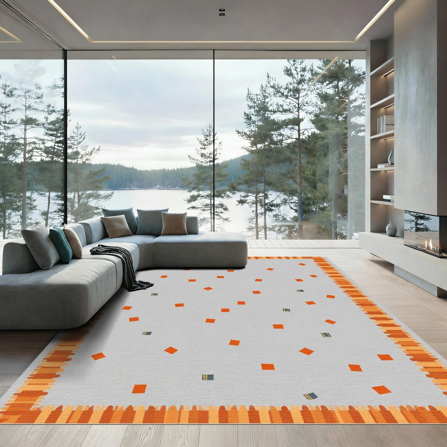 Orange White Scattered Squares Border Rug