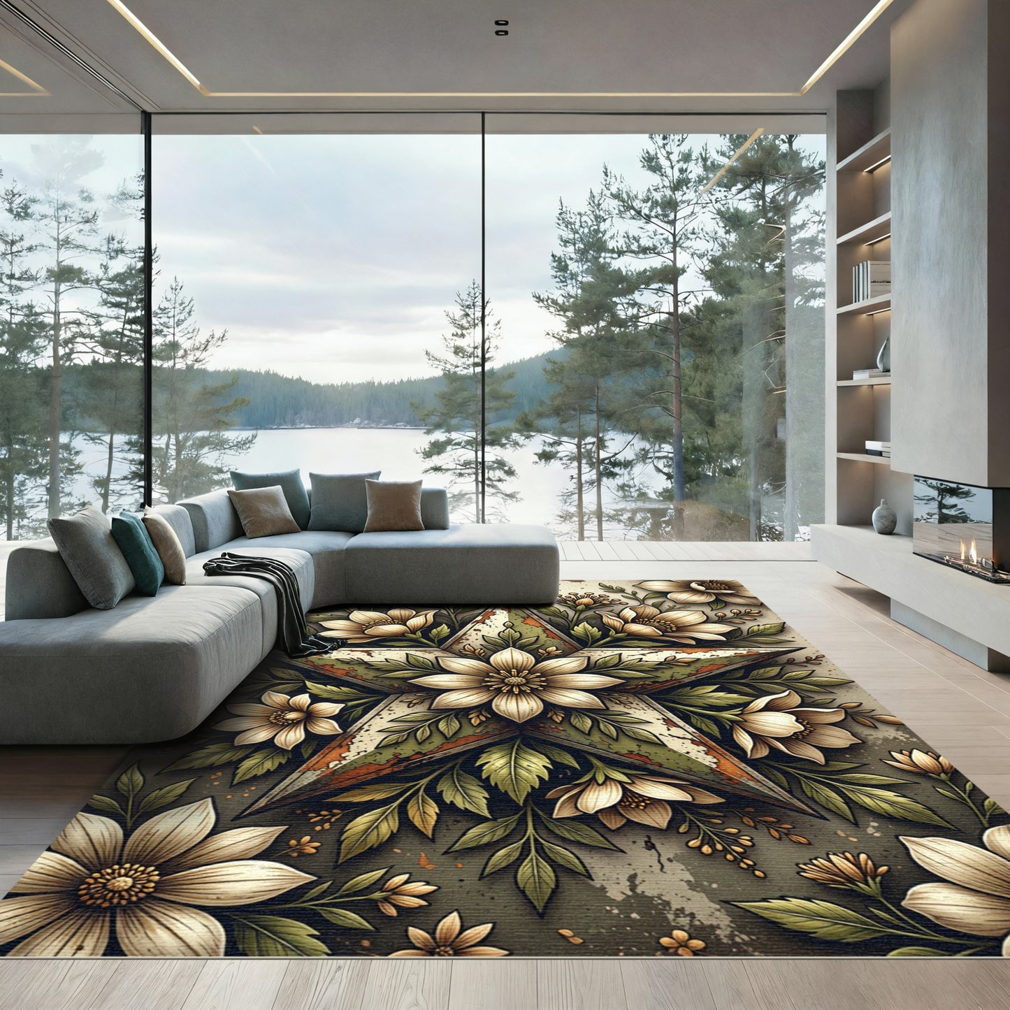 Vintage Rustic Cream Floral Star Rug