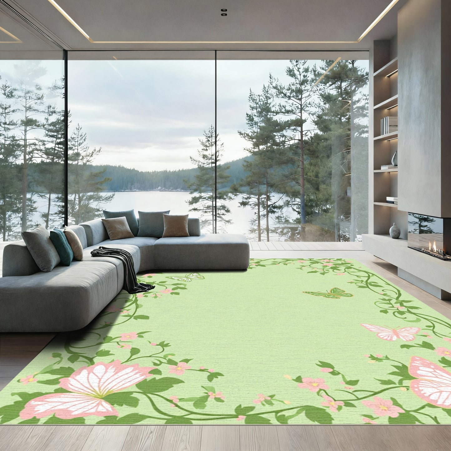 Pink Green Butterflies Delicate Floral Vines Rug