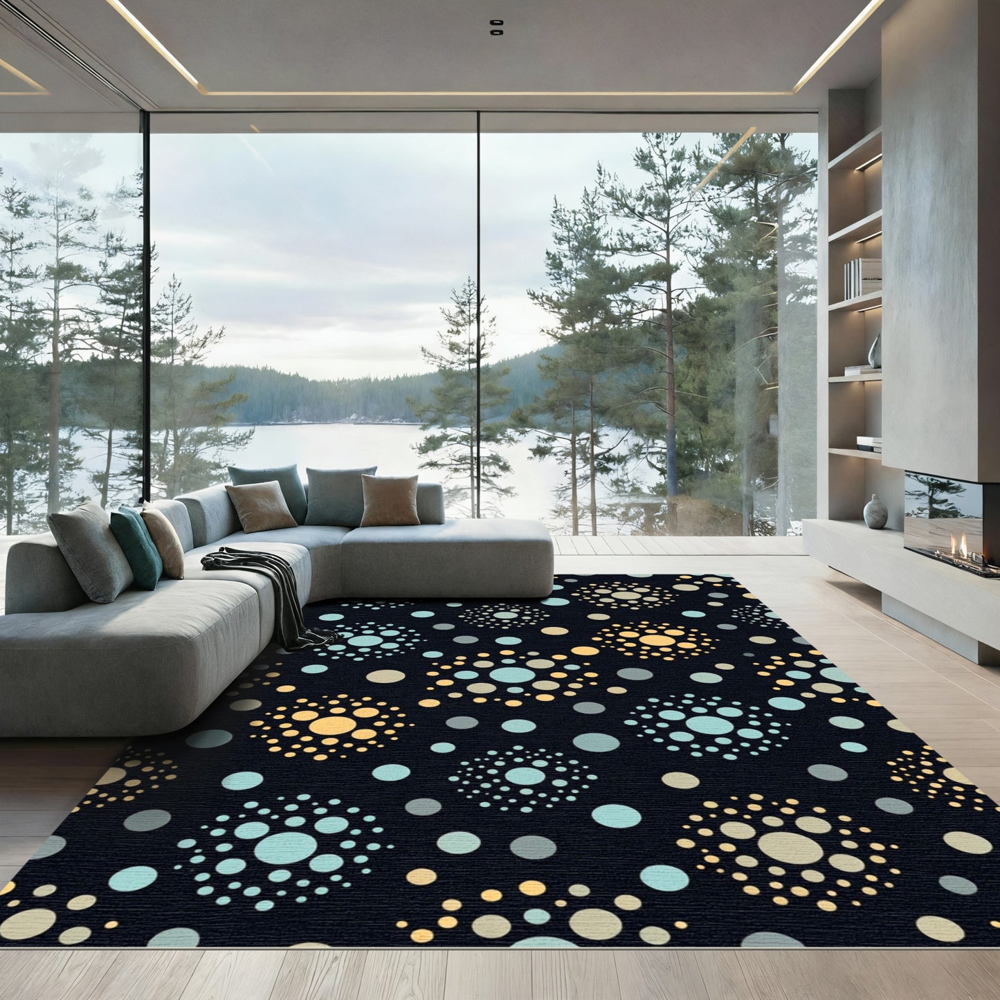 Abstract Circles Mint Yellow Grey Rug