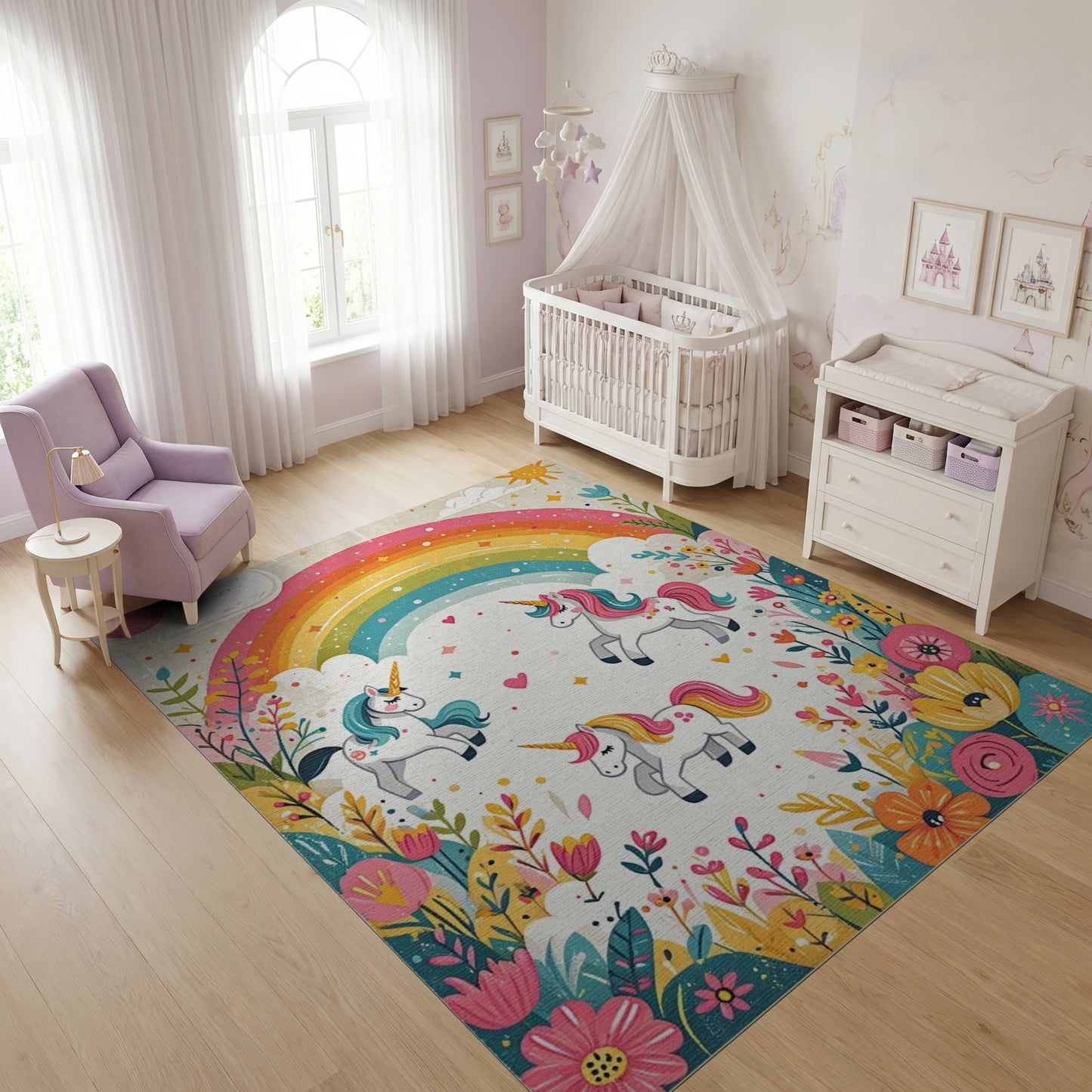 Whimsical Rainbow Unicorns Floral Rug