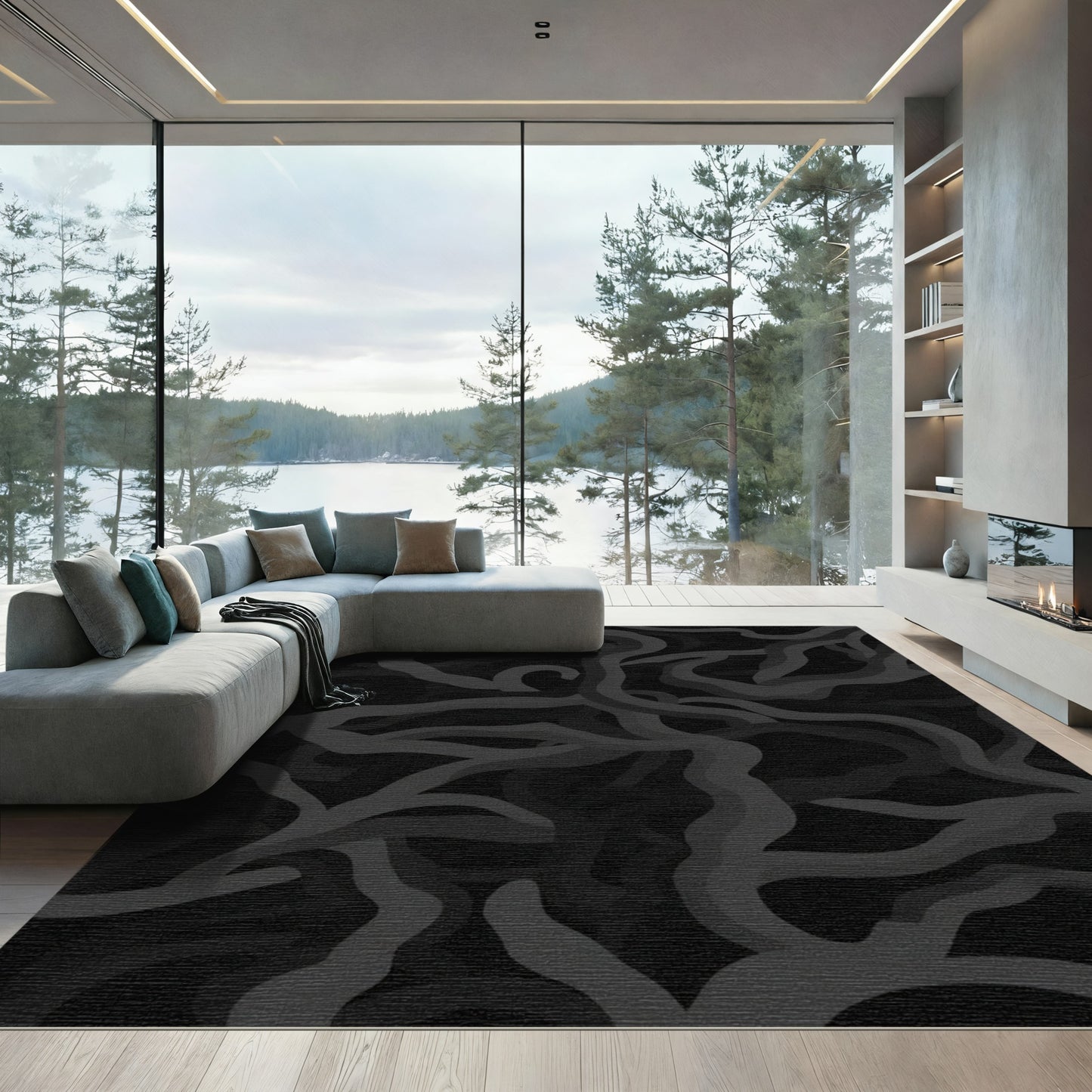 Dark Gray Organic Swirl Abstraction Rug
