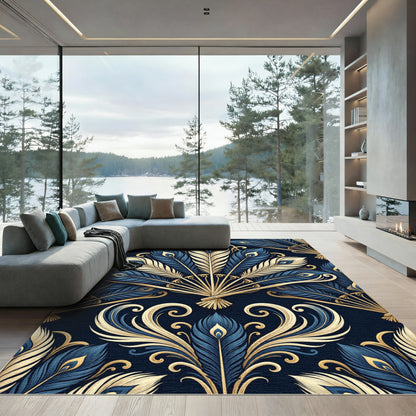 Elegant Navy and Gold Peacock Fan Rug