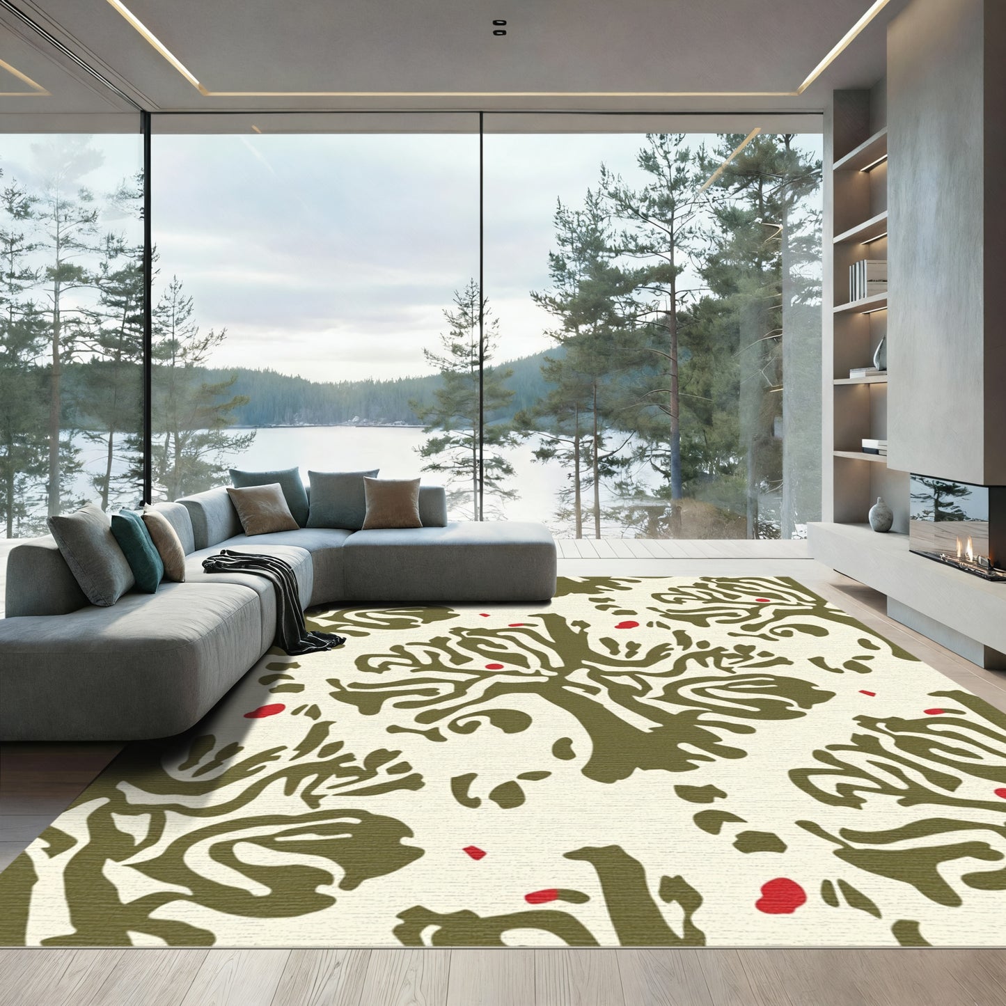 Olive Green Abstract Tree Red Berry Rug