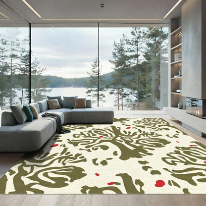 Olive Green Abstract Tree Red Berry Rug