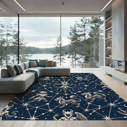 Celestial Mythic Zodiac Constellation Navy Rug