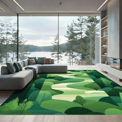 Verdant Green Forest River Landscape Rug