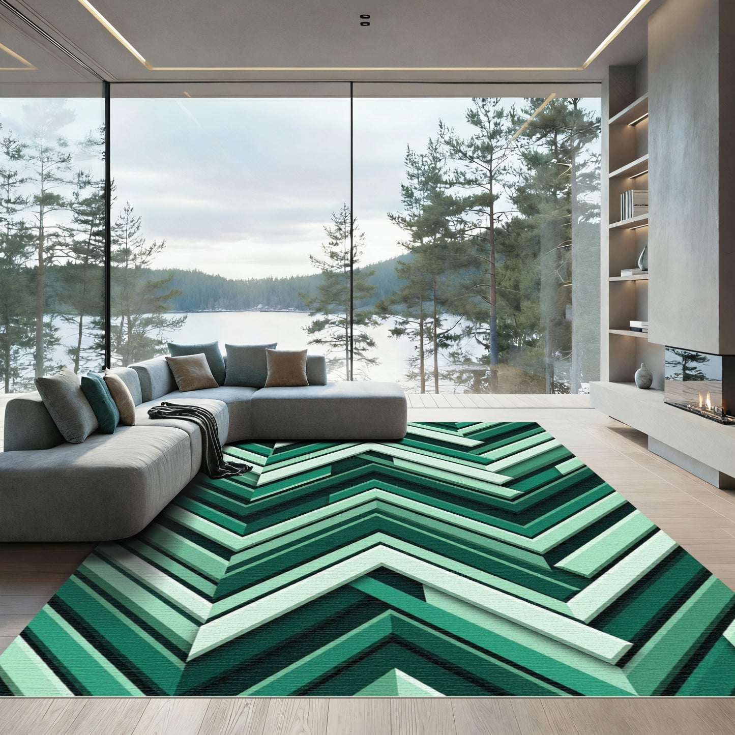 Emerald Chevron Layered Geometric Rug