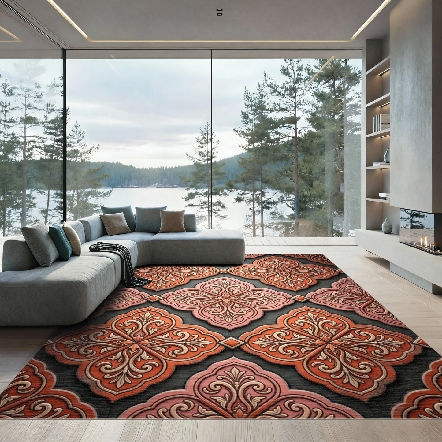Ornate Coral Pink Quatrefoil Rug