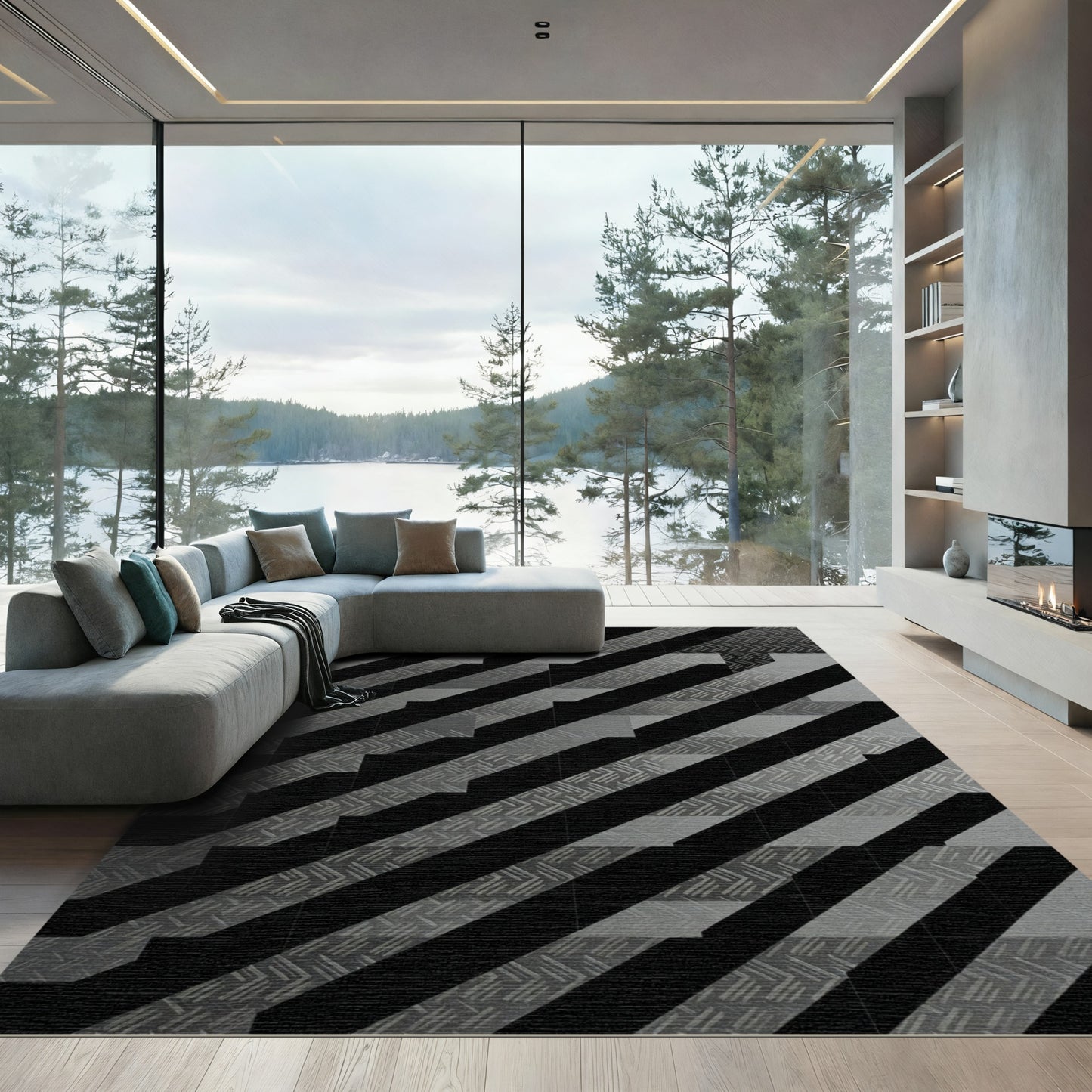 Monochrome Industrial Angled Geometric Striped Rug