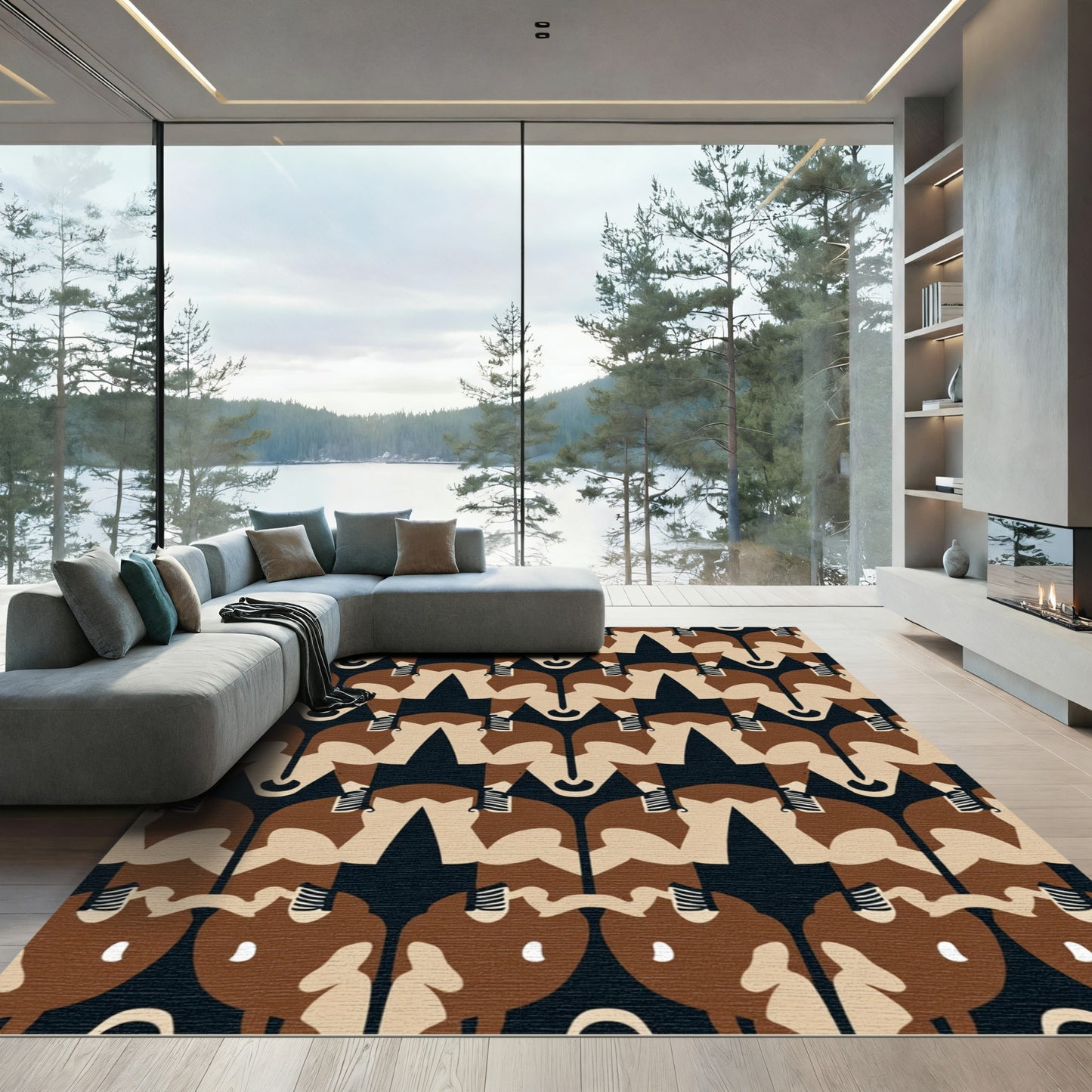 Brown Cream Abstract Geometric Animal Rug